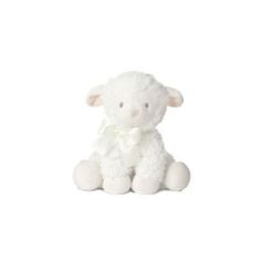 a white stuffed sheep with a bow on its head