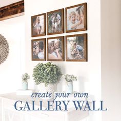 the gallery wall is decorated with pictures and flowers in vases on top of a table