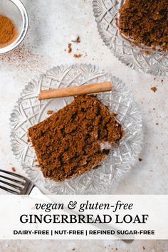 two slices of vegan and gluen - free gingerbread loaf on glass plates