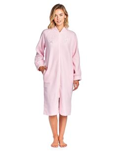 PRICES MAY VARY. Size Medium (4-6) Large (8-10) X-Large (12-14) XX-Large (16-18) Soft and comfortable, Cozy plush morning robe that is ultra-smooth to the touch lounge robe Raglan style long sleeve bathrobe with piping trim and flower embroidery appliques, side seam pockets Easy front zip closures measures 28.5", Length measures approx. 44” Inches may vary according to size This robe is perfect for spas, shower houses, dorms, pools, gyms, bathrooms, lounging, changing and more This cozy warm Zip Fleece Robe, Lounge Robes, Womens Kimono, Long Kimono, Womens Robes, House Dress, Flower Embroidery, Pajamas Women, Women Long Sleeve