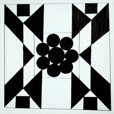 a black and white drawing of an abstract design with circles in the center, on a white background