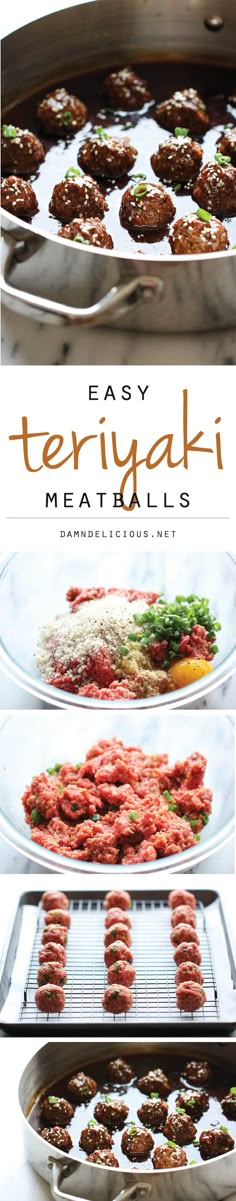 an image of meatballs cooking in the oven with text overlaying it that reads easy teriyaki meatballs