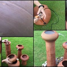 the process of making an outdoor fountain with clay pots and hoses is shown in multiple pictures