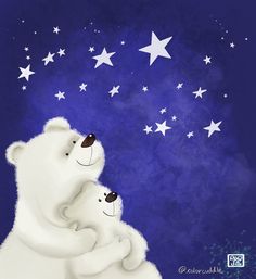 two polar bears are hugging under the stars