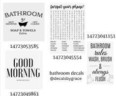 some type of bathroom decals with different font and numbers on them, all in black and white