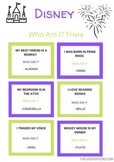 disney who am i trivia game with the words, which are in purple and green