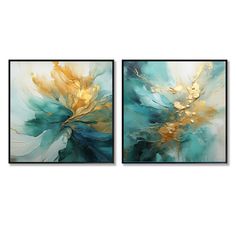 two paintings with gold and blue paint on the same wall, one has an abstract design