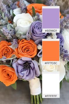 an orange and purple wedding bouquet with white roses, lavenders, and greenery