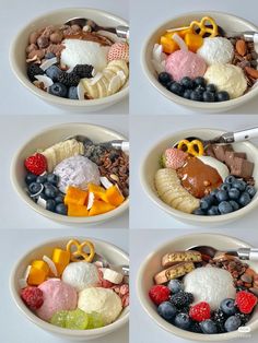 four bowls filled with different types of fruit and cheese on top of each other,