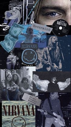 the collage has many different images and words on it, including an image of nirvana