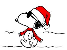 a drawing of a dog wearing a santa hat and scarf with sunglasses on it's head