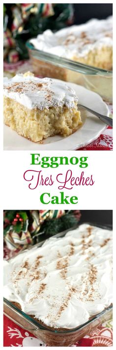 eggnog tres peches cake with frosting on top and in the middle