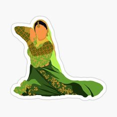 a woman in green sitting on the ground with her hands up to her face sticker