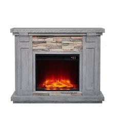 an electric fireplace with a stone surround and fire logs in the center, on a white background