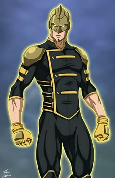 an animated image of a man dressed in black and gold with his hands on his hips