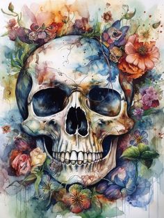 a watercolor painting of a skull with flowers around it