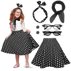 PRICES MAY VARY. Comprehensive Accessory Package: celebrate convenience with a 50s accessories for girls set that includes a polka dot skirt, 2 pairs of glasses, a scarf, a headband, and a pair of ear clips; These items provide what your girl needs to create a memorable 50s inspired outfit Classic 50s Theme: bring back the charm with this 1950s outfits for girls set; The timelessly stylish polka dot skirt with patterns, the cat eye shaped sunglasses are ideal standout pieces that steal the show, 50s Costume Women, Kids 50s Costume, 50s Inspired Outfits, Girls Poodle Skirt, 50s Accessories, 50s Theme, 50's Costume, 50s Costume, School Costume