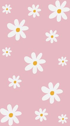 a pink background with white daisies and yellow dots on the bottom half of it