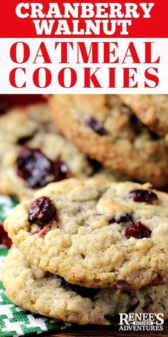 cranberry walnut oatmeal cookies are stacked on top of each other