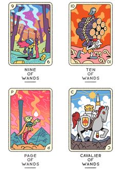 four different tarot cards with the names of each card