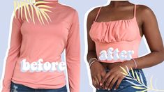 a woman wearing a pink top with the words before and after printed on it