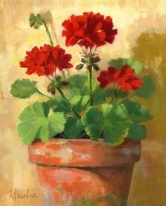 a painting of red flowers in a pot