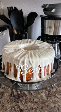 a cake sitting on top of a glass plate