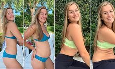 four pictures of a woman in blue and green bikinis posing for the camera with her hands on her hips