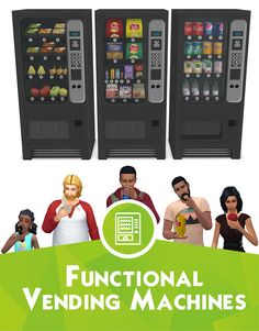 three vending machines with the words functional vending machines on them and people standing in front of them