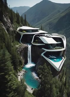 an unusual house built into the side of a cliff with a waterfall running down it