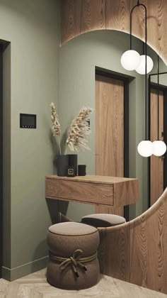 a mirror and stool in a room