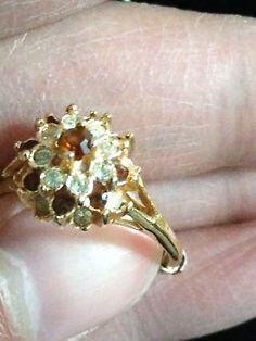 VINTAGE ESTATE STUNNING 18K HGE CITRINE CZ/ CRYSTALS Gold Cocktail CLUSTER Ring  | eBay Antique Cluster Ring, Vintage Cluster Engagement Ring, Ring Redesign, Citrine Engagement Ring, Vintage Cluster Ring, Citrine Ring Engagement, Thrift Inspo, Antique Engagement Rings Vintage, Antique Jewelry Rings