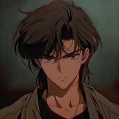 an anime character with black hair and blue eyes looking at the camera while wearing a brown jacket