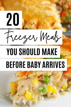 a close up of food on a plate with the words 20 freeze meals you should make before baby arrives