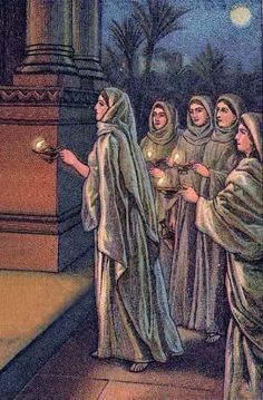 a painting of women dressed in robes holding candles and looking at each other while standing outside