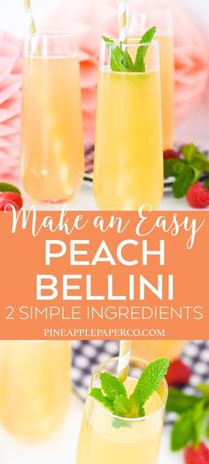 two glasses filled with peach bellini and mint garnish on top of a checkered table cloth