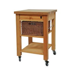 a small wooden table with two baskets on the top and one drawer at the bottom