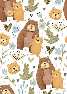 bears and leaves on a white background with hearts, flowers, and leaves in the shape of heart