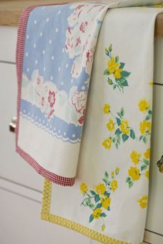 two kitchen towels hanging on a towel rack