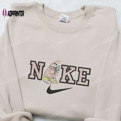 The Nike x Patrick Star Cartoon Embroidered Hoodie is a must-have for all SpongeBob SquarePants fans. Made from premium quality materials, this hoodie features an adorable embroidered design of Patrick Star. With its cozy fit and soft fabric, it offers maximum comfort and style. Show off your love for both Nike and Patrick Star with this unique and eye-catching hoodie. Add a touch of Disney magic to your wardrobe with our Disney Characters Embroidered Shirt. This shirt is crafted with precision Nike Cartoon, Nike Inspired, Best Family Gifts, Maroon Hoodie, Shirt Nike, Hoodie Material, Custom Nikes, Nike Sweatshirts, Embroidered Clothes