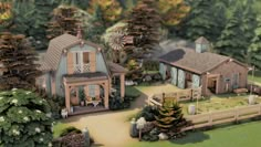 an artist's rendering of a farm house in the middle of a wooded area