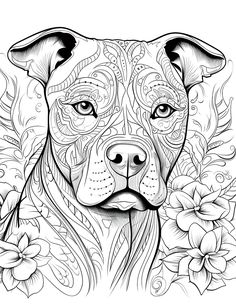 a dog with flowers on it's chest and the face is drawn in black ink