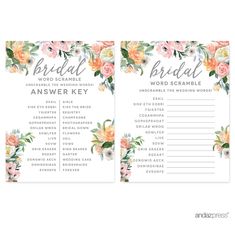 two floral bridal game cards with the words, word scramble and flowers on them