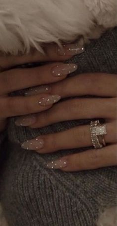 Matte Sparkle Nails Glitter, Eid Nail Designs, Dainty Acrylic Nails, Aesthetic Nails Vintage, Rhinestone Acrylics, Nails For Silver Dress, Nye Aesthetics, Nails For White Dress, Elegant Nails Classy Simple