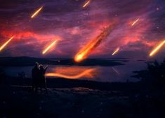 two people are looking at the sky with rockets in the air and stars above them