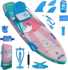 a pink and blue surfboard with accessories