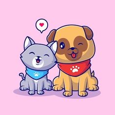 two dogs and a cat are sitting next to each other on a pink background with hearts