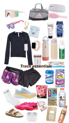 the contents of a woman's travel bag including shoes, sunglasses and other items