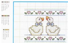 the cross stitch pattern shows two ducks with bows on their heads, and one duck is holding