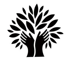 two hands are holding a tree with leaves on it, black and white logo design